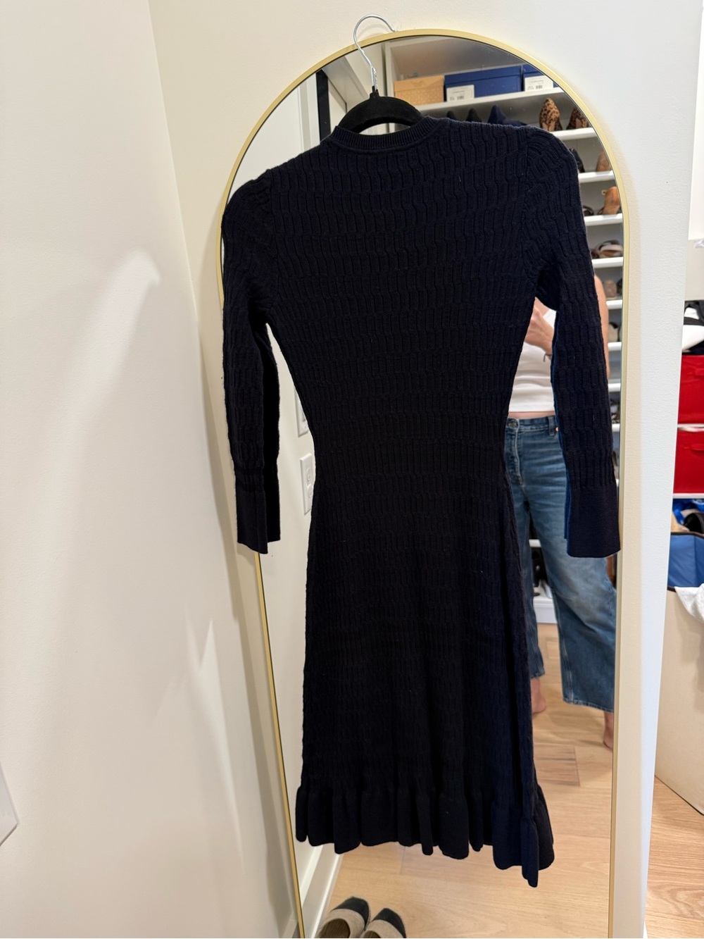 Navy Knit Midi Dress with Ruffle Hem - Long Sleeve